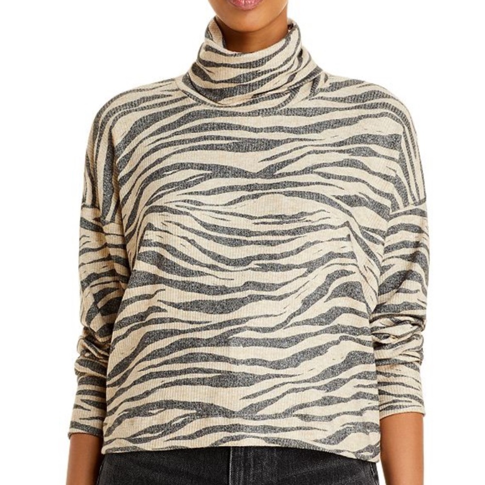 LNA Revolve Aliza Turtleneck Top Ribbed Knit Zebra Animal Print Top XS